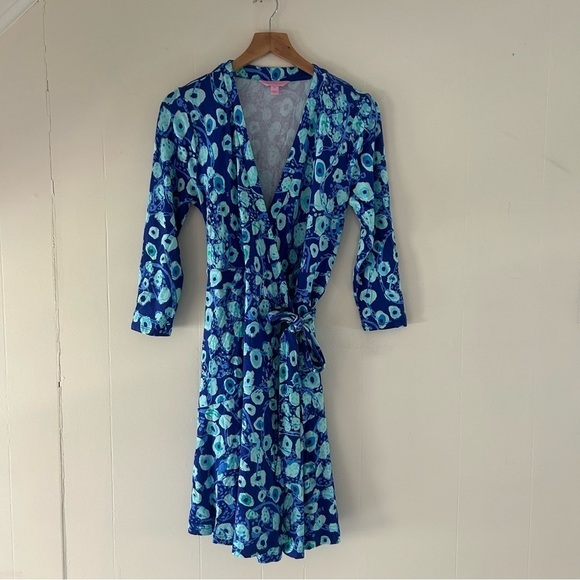 Lilly Pulitzer Rozalyn Wrap Dress in Lil Kitty Blue Purple Evil Eye sz XS - Picture 4 of 6